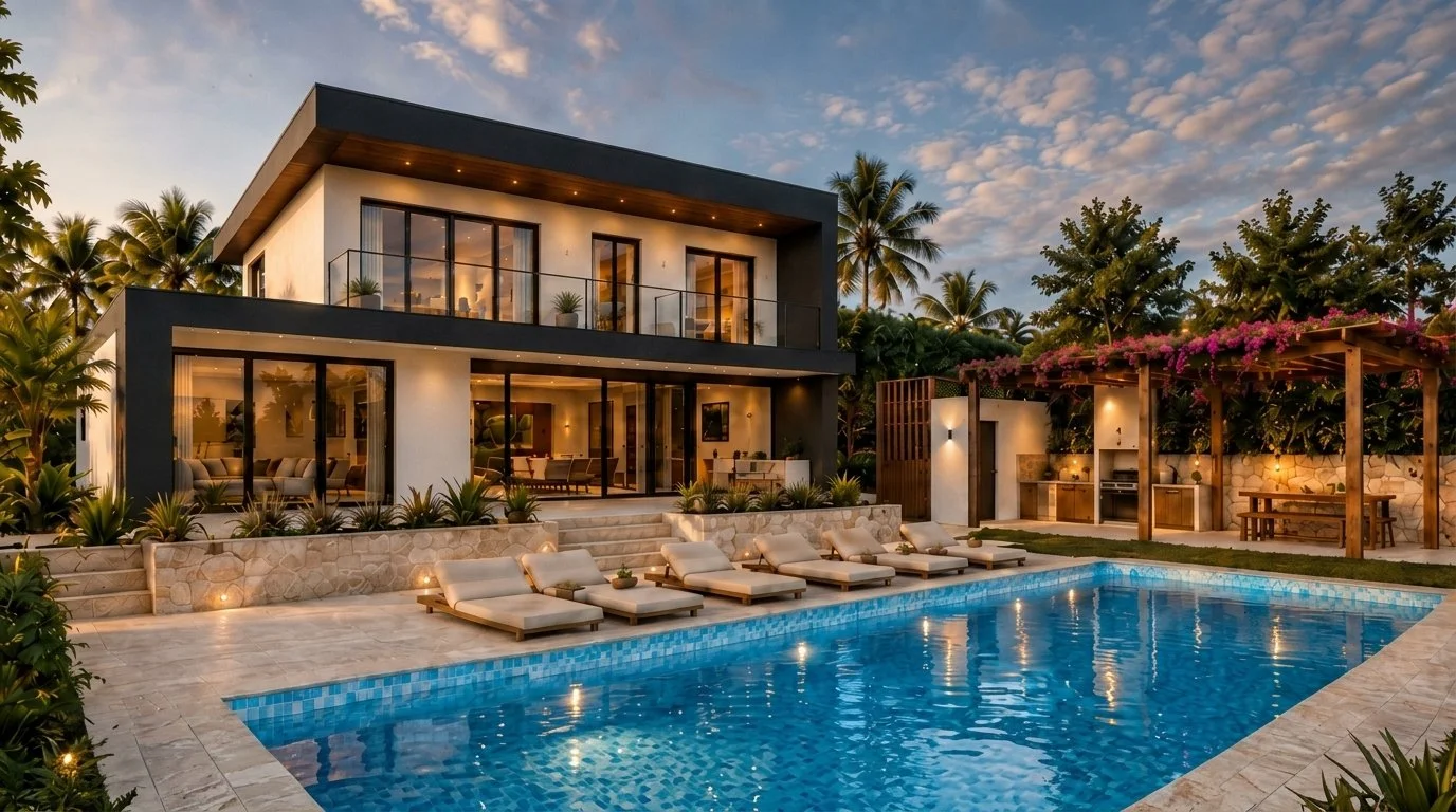 Residencia Hogar JF en Bahía Dorada: casa moderna blanca y negra con ventanales, piscina con camastros y pérgola con buganvilias