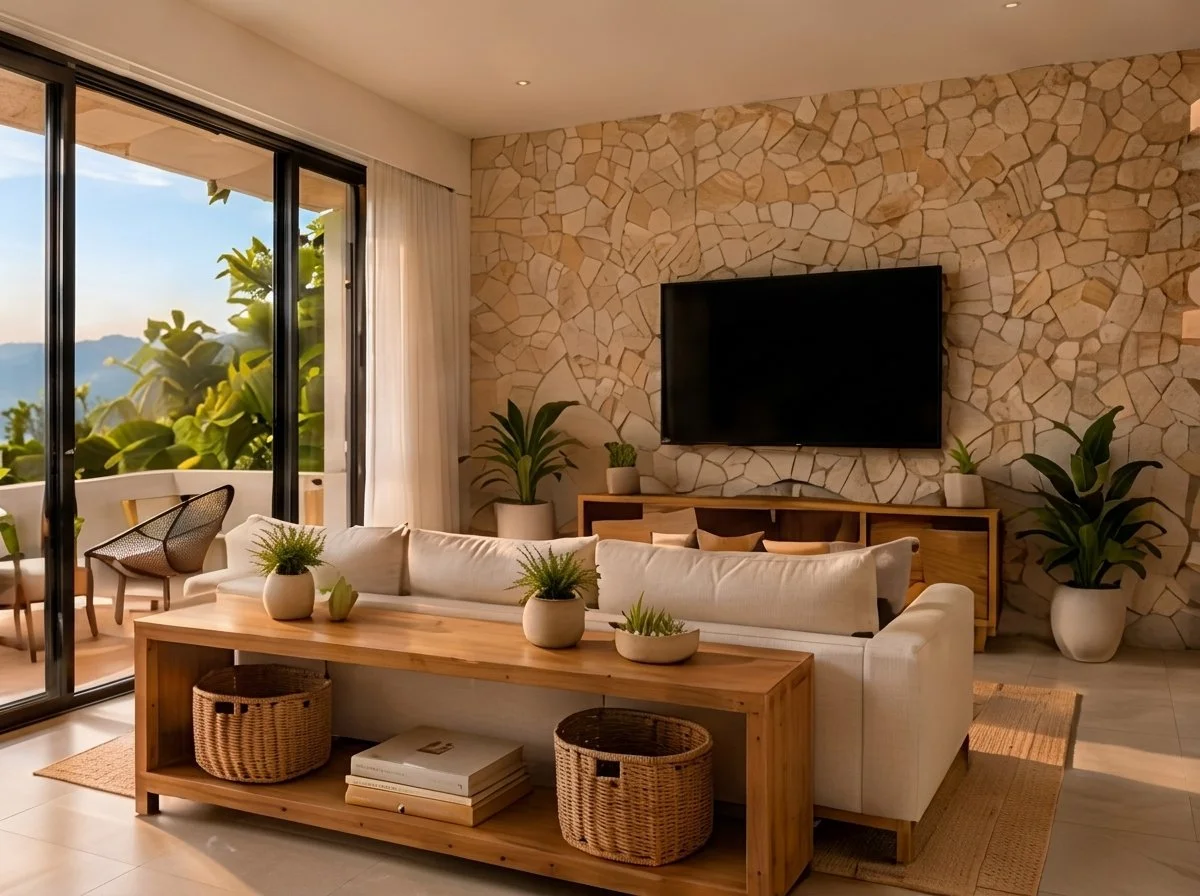Sala con muro de piedra natural, mueble de madera y ventanales a la terraza