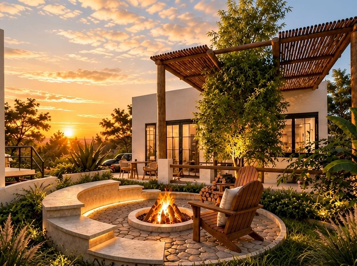 Terraza con fogata circular, sillas Adirondack y pérgola de madera al atardecer