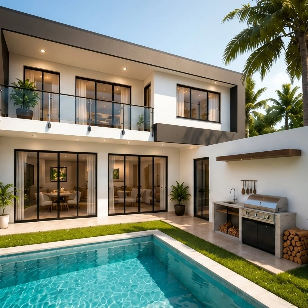 Fachada posterior con piscina, terraza techada y área de parrilla