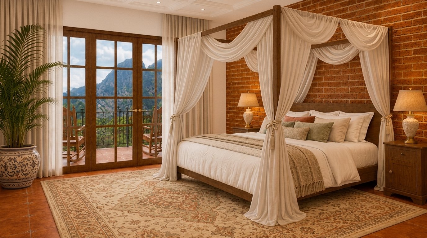 Dormitorio con cama de dosel, pared de ladrillo y puertas abiertas al balcón con vista a la montaña
