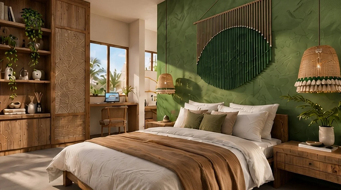 Habitación con pared verde, cama con textiles naturales y lámpara de fibra