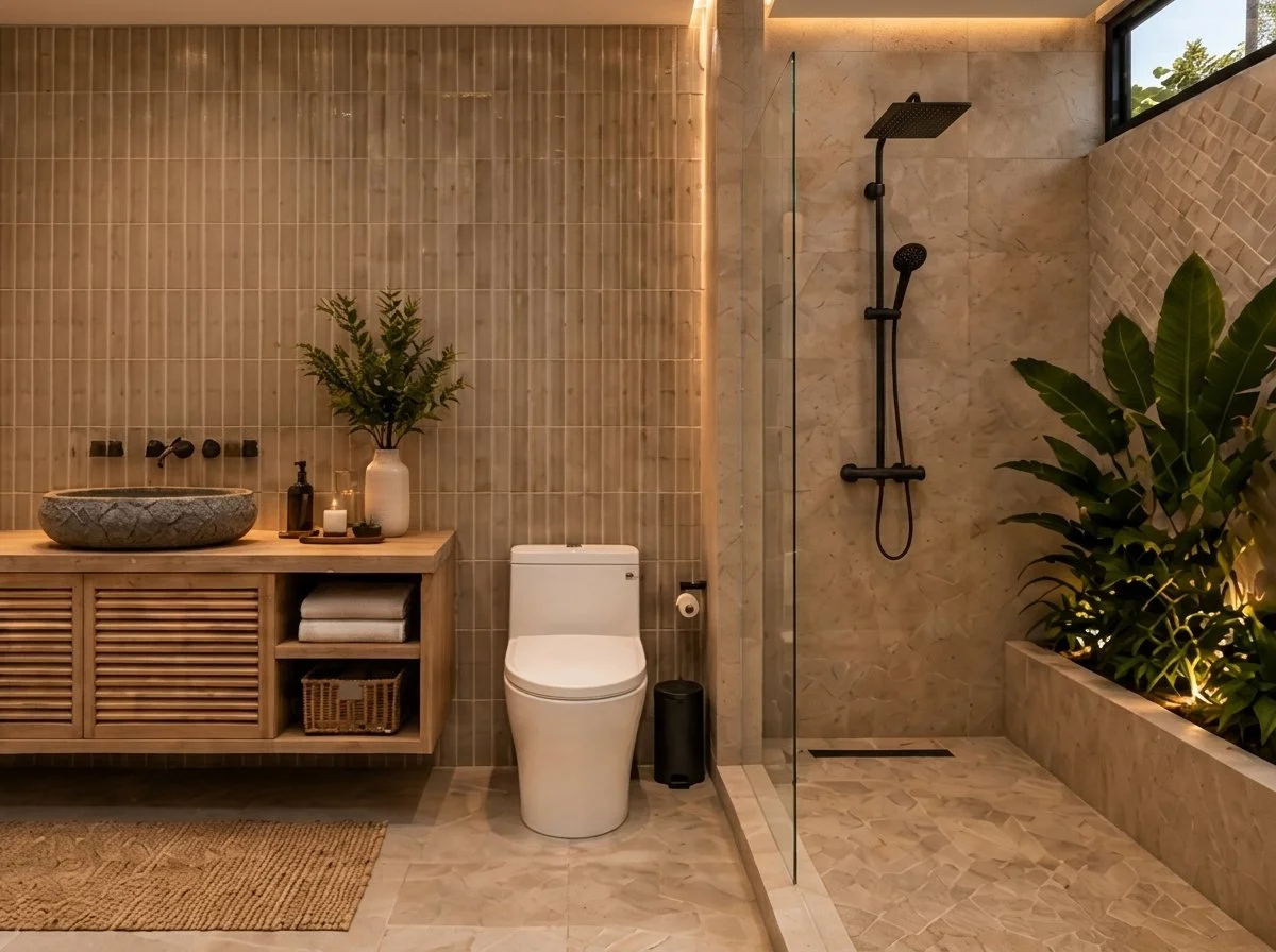 Baño con azulejo beige, lavamanos de piedra y jardín interior