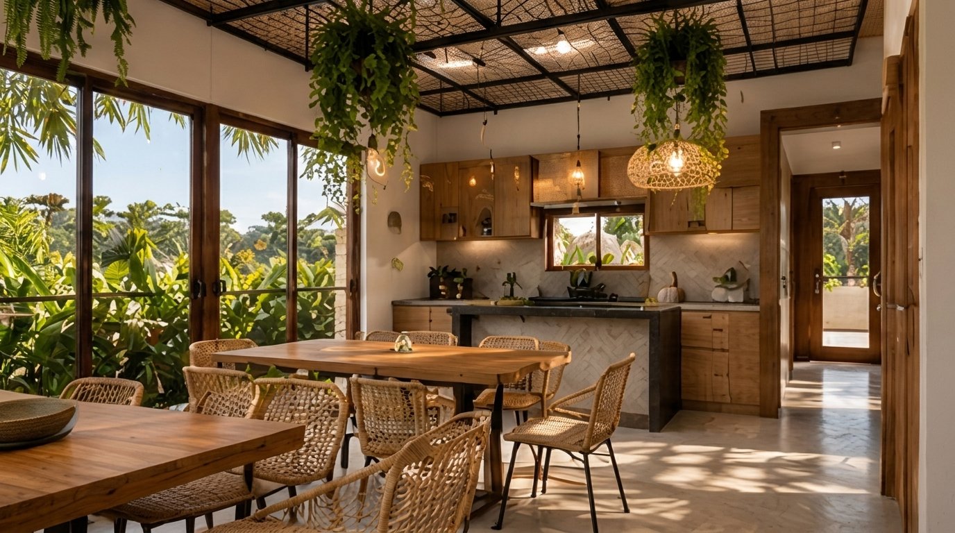 Cocina y comedor abiertos con madera, ratán y ventanales al jardín