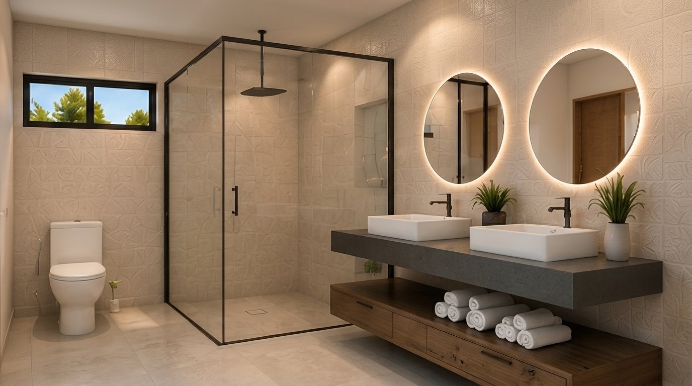 Baño con doble lavamanos, espejos redondos iluminados y ducha de vidrio