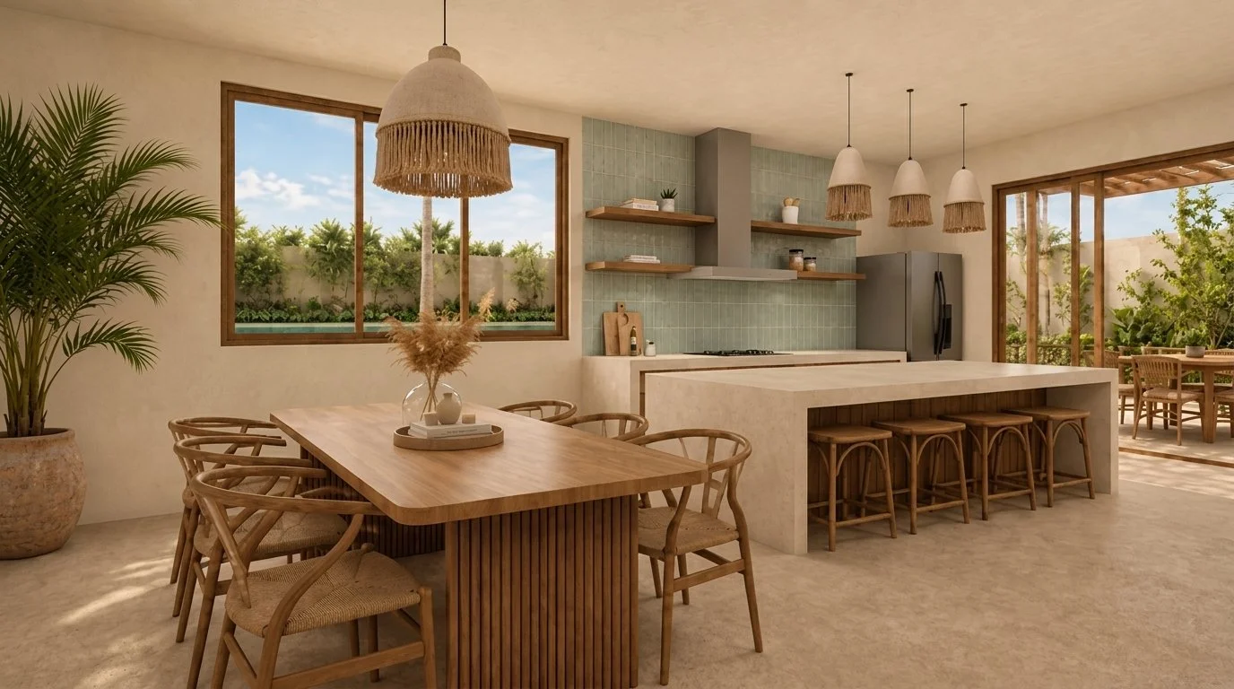 Comedor y cocina con mesa de madera, sillas de fibra, isla y lámparas tejidas