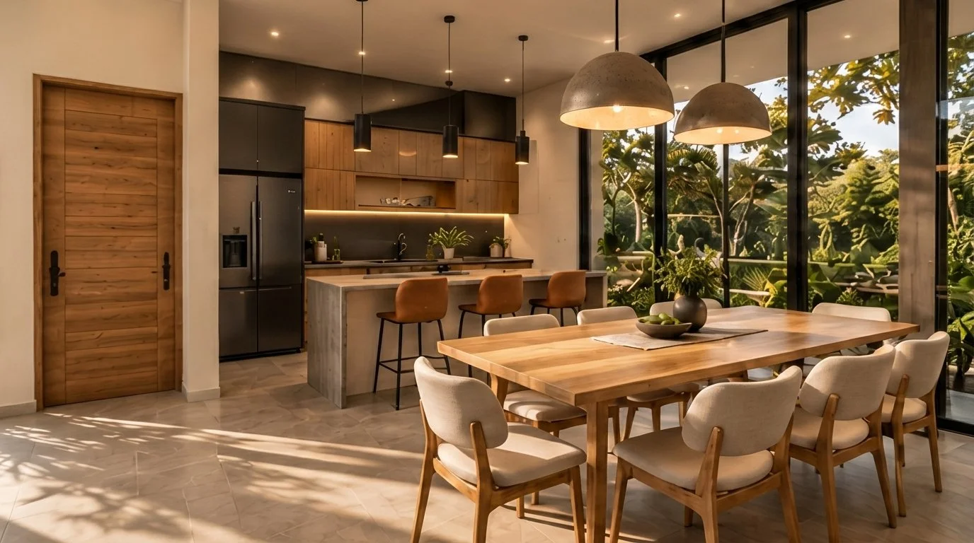 Cocina y comedor abiertos con mesa de madera y ventanales hacia el bosque