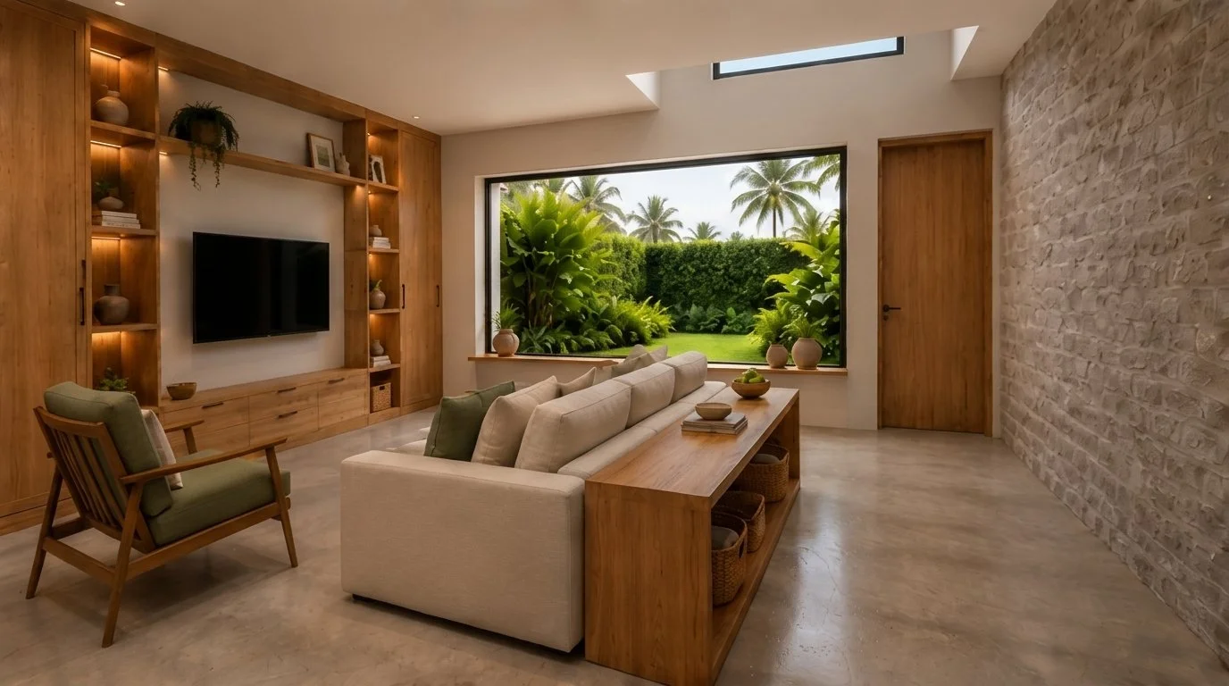 Sala con muro de piedra, mueble de madera con repisas iluminadas y ventanal al jardín
