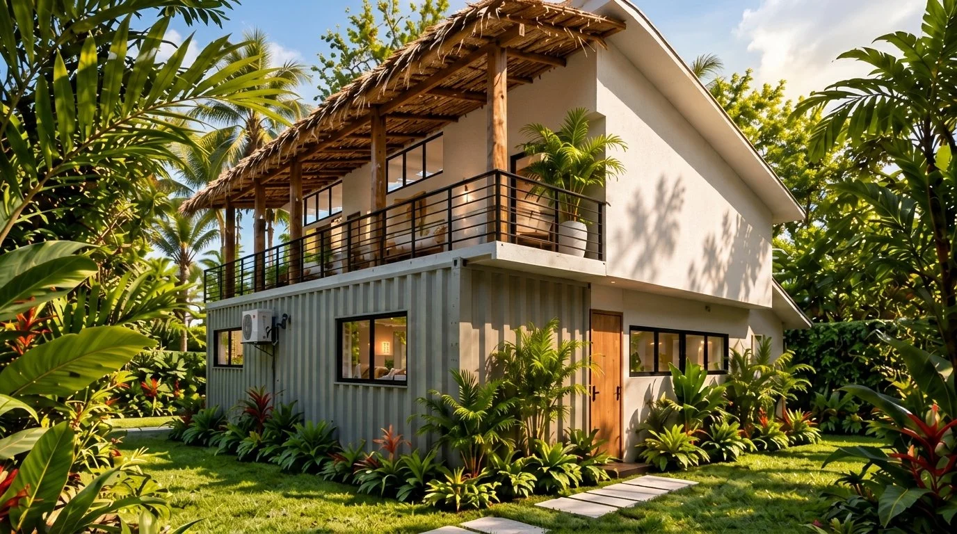 Fachada de Romano: casa de contenedores marítimos con terraza de madera y palmeras