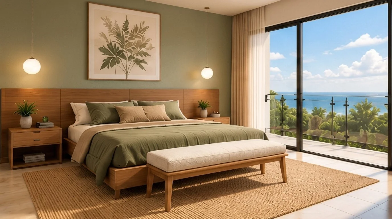 Dormitorio principal con muro verde salvia, cabecera de madera y vista al mar