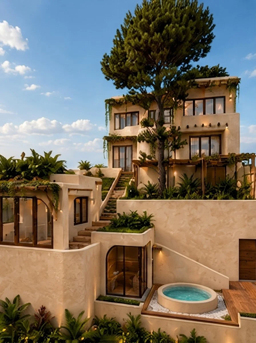 Vista de los niveles escalonados de la casa con jacuzzi en terraza
