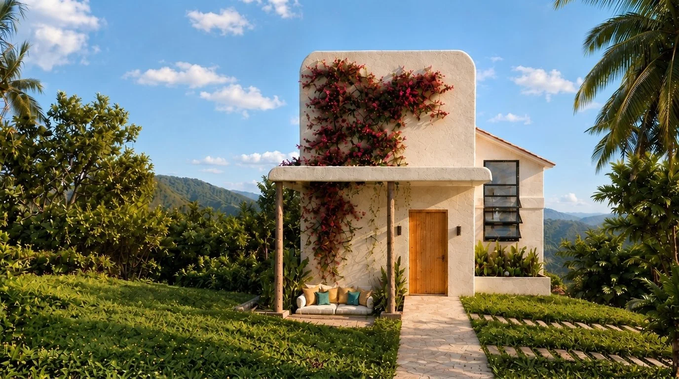 Fachada de Tiny Lani: casa blanca con buganvilias, puerta de madera y vista a las montañas de El Zonte