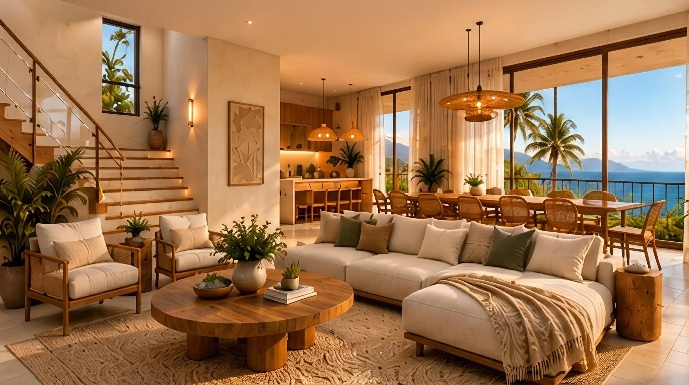 Sala, comedor y cocina integrados con sofás claros, mesa de madera y ventanales al mar