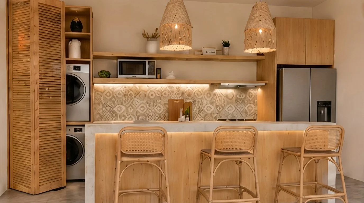 Cocina con barra de madera, lámparas tejidas, azulejo decorativo y lavandería integrada