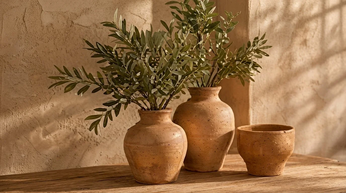 Detalle de vasijas de barro con ramas de olivo