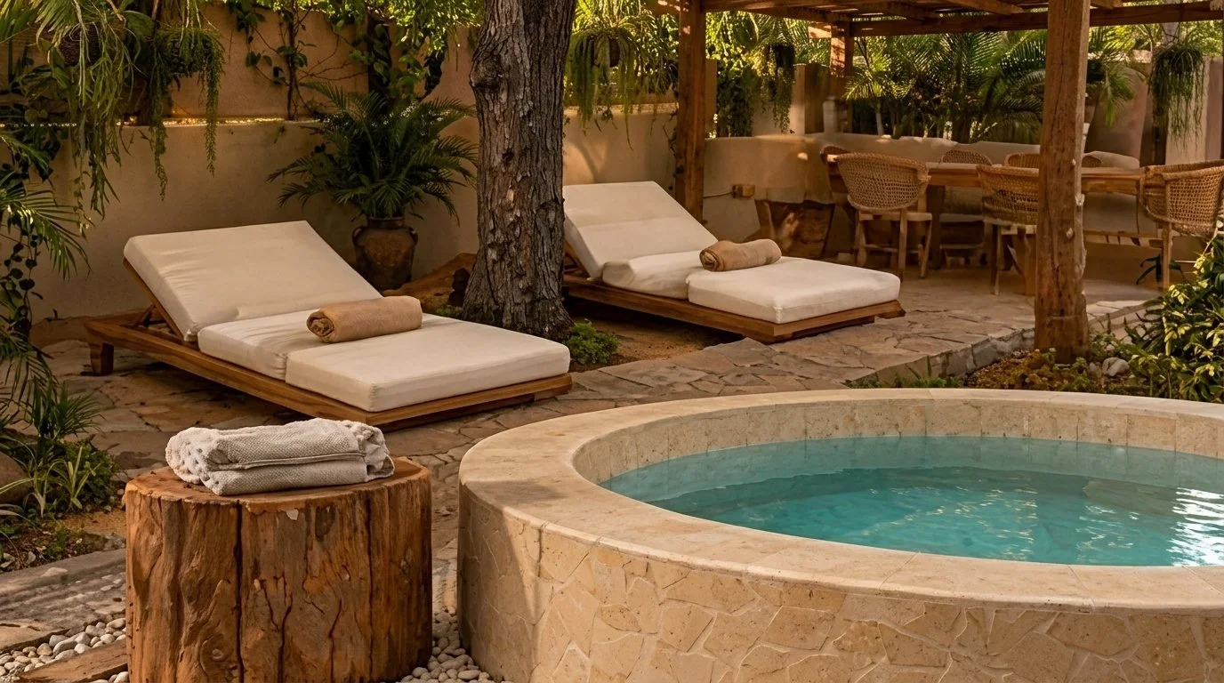 Terraza con camastros y jacuzzi circular