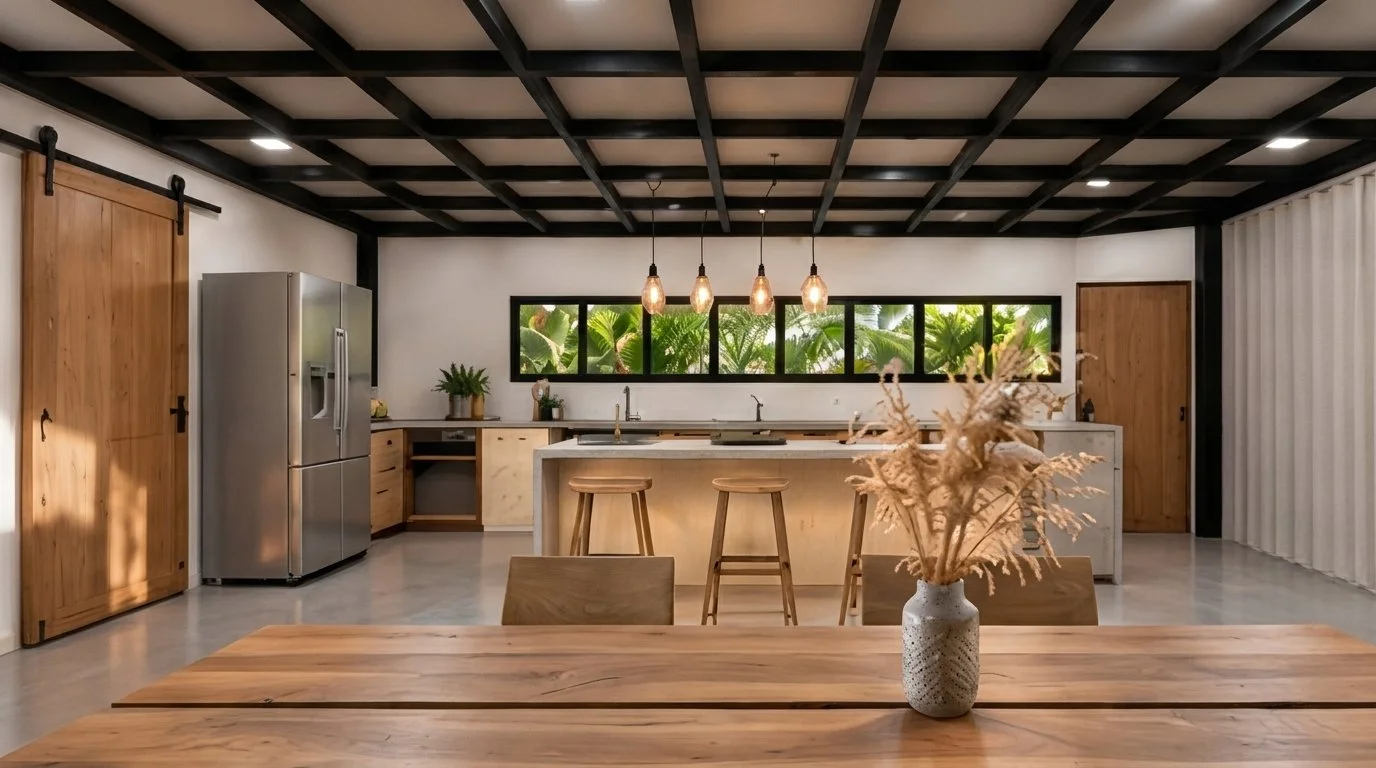 Cocina abierta con vigas negras, barra y comedor de madera