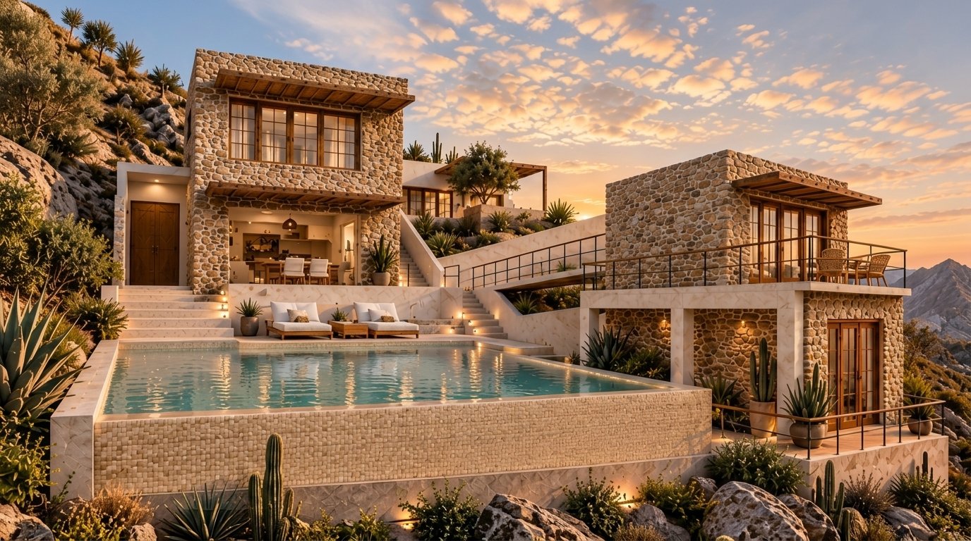 Casa DiRok en Puerto de La Libertad, de piedra natural en terrazas, con piscina infinita al atardecer
