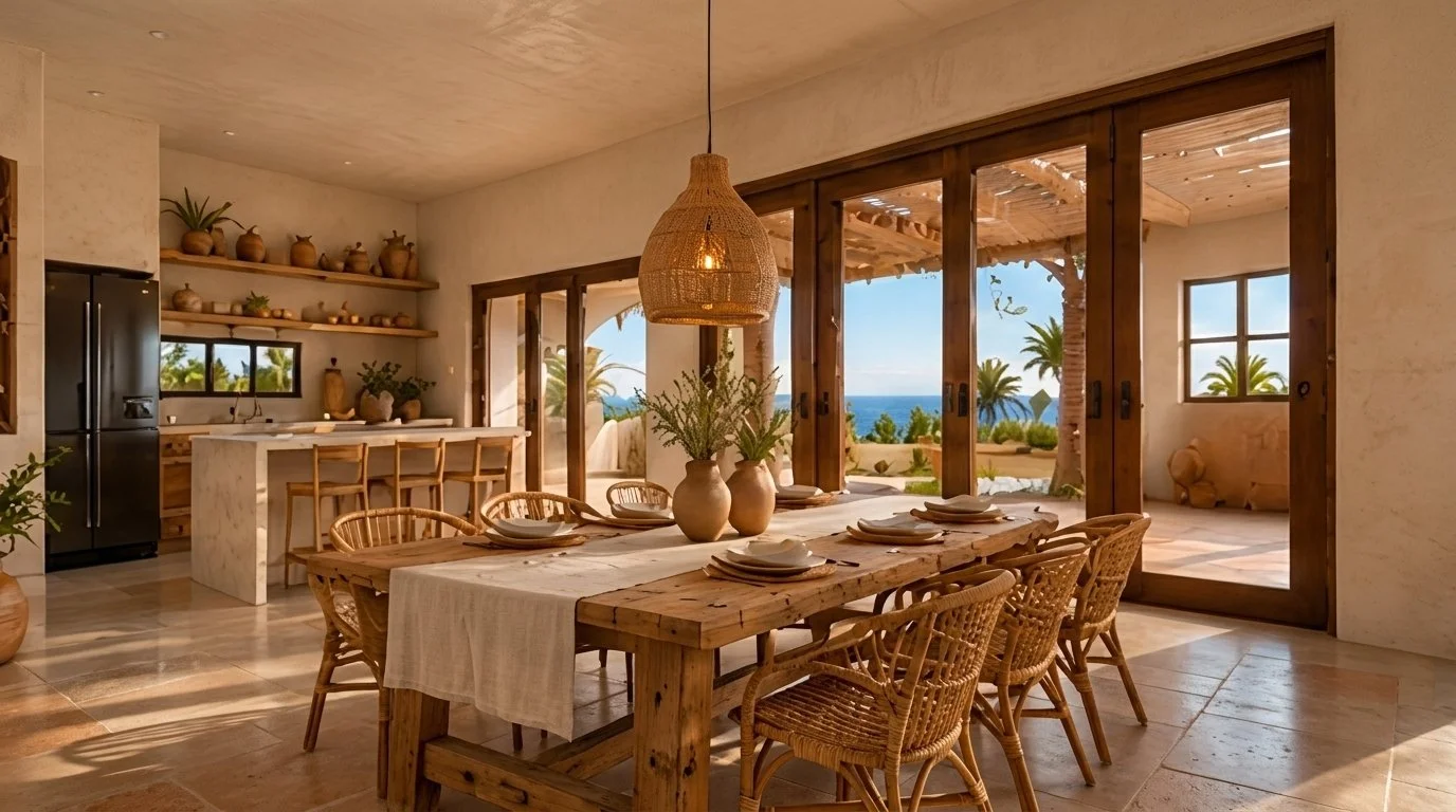 Cocina y comedor con mesa de madera, lámparas de fibra y vista al mar