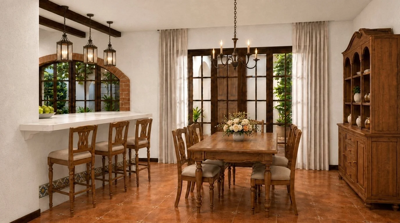 Comedor con mesa de madera, barra con bancos, faroles colgantes y arco hacia el jardín