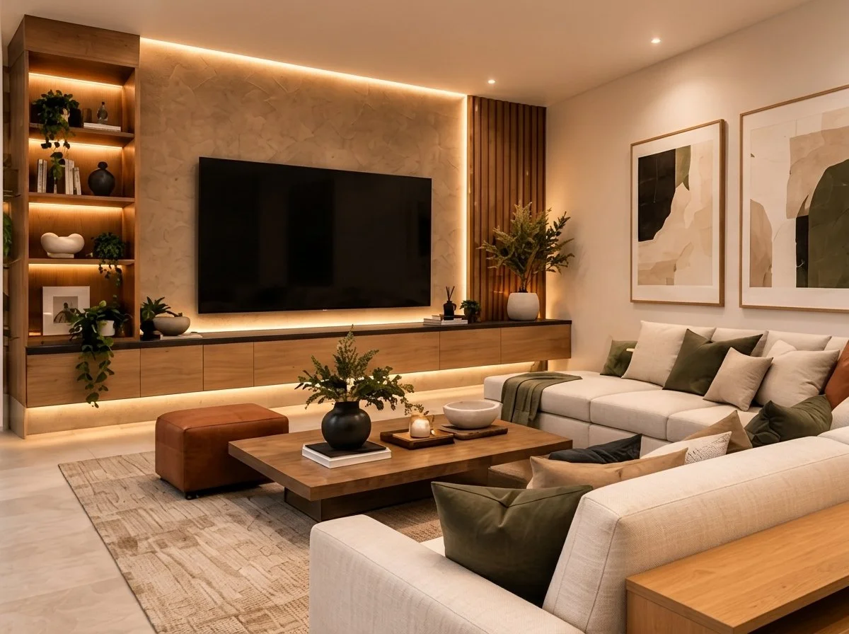 Sala con sofá en L, mueble de TV iluminado y cuadros abstractos