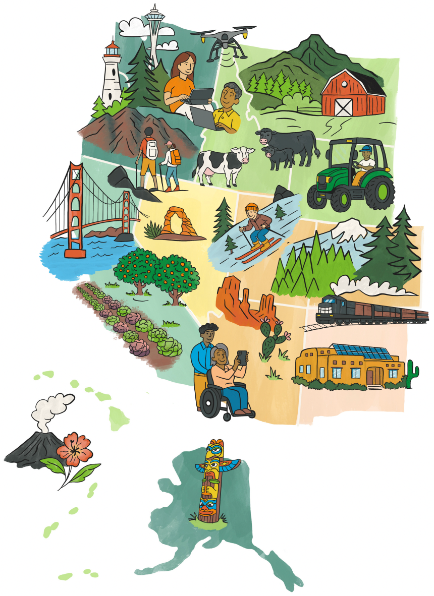 Illustrated map of the 13 Western states and territories served by the WRDC