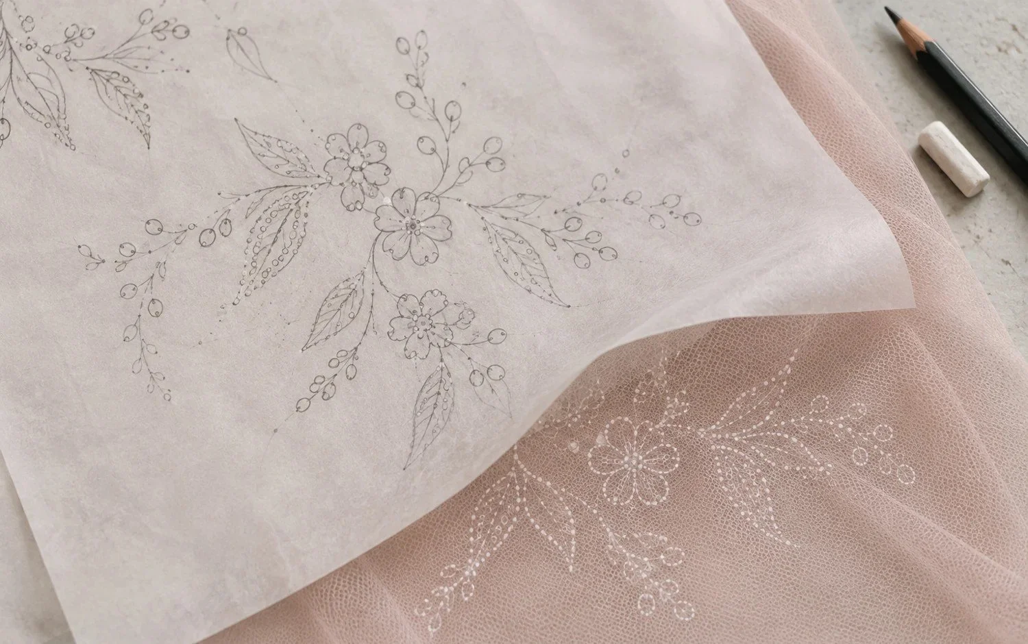 A floral drawing on tracing paper above blush tulle marked with fine dotted floral outlines.