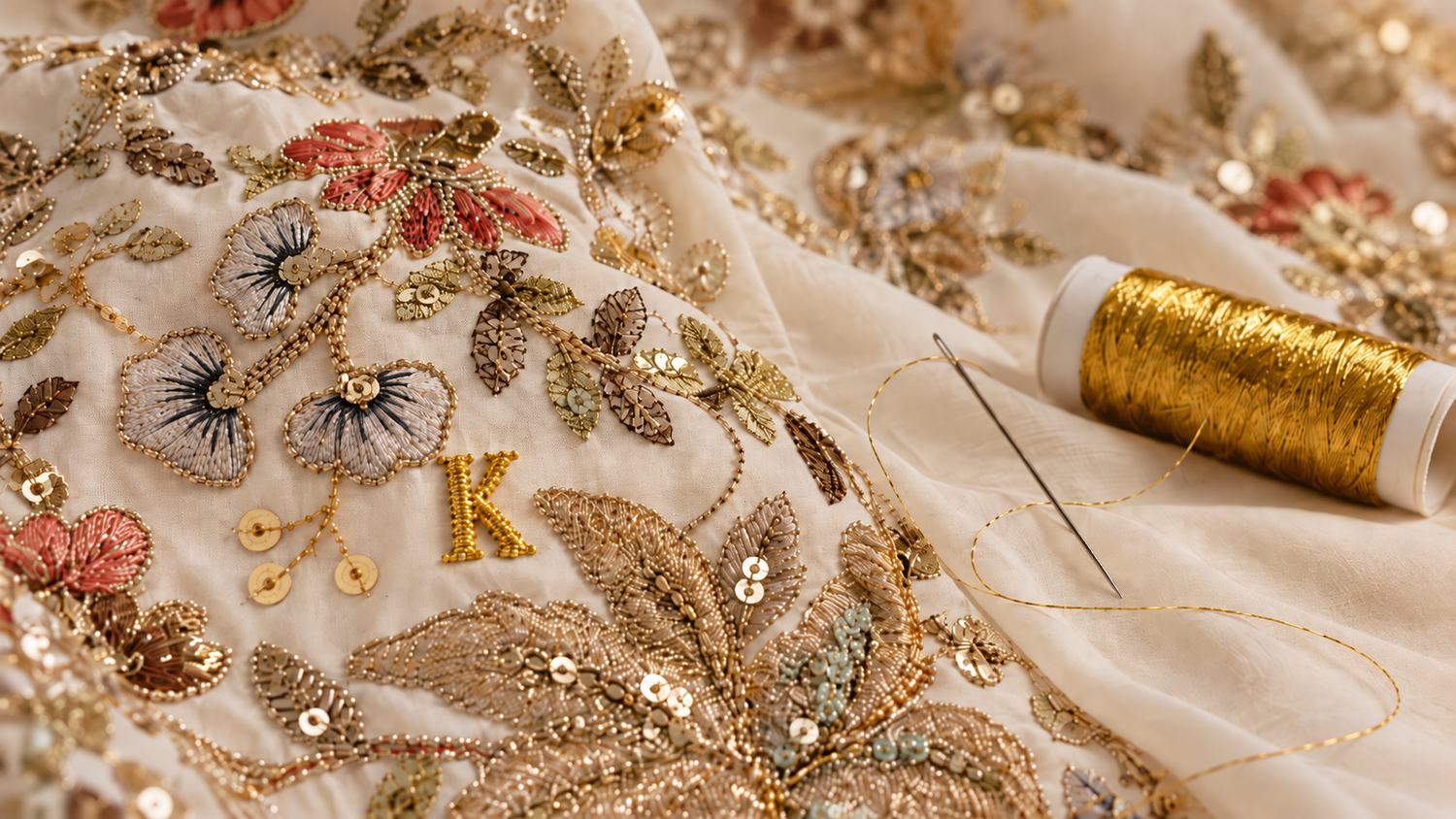 KUMARI’s golden K embroidered in zardozi among floral beadwork, beside a needle and gold thread.