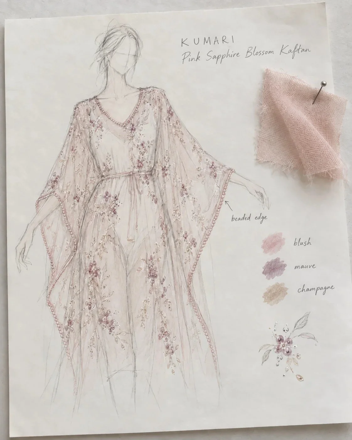 Drawing of the Pink Sapphire Blossom Kaftan with floral motifs, colour notes and a pink fabric swatch.