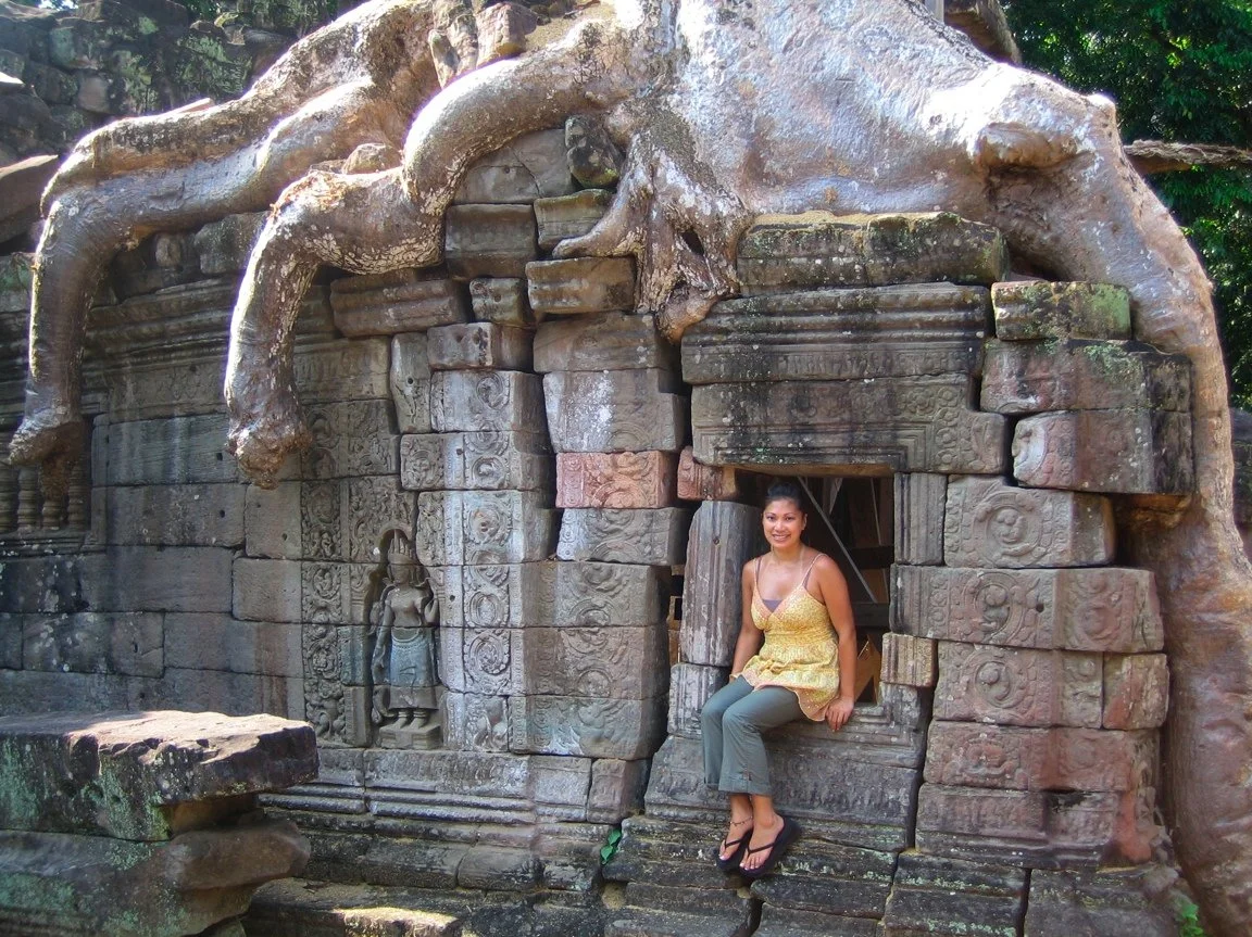 Ancient tree roots growing through the temple stone at Angkor, Cambodia