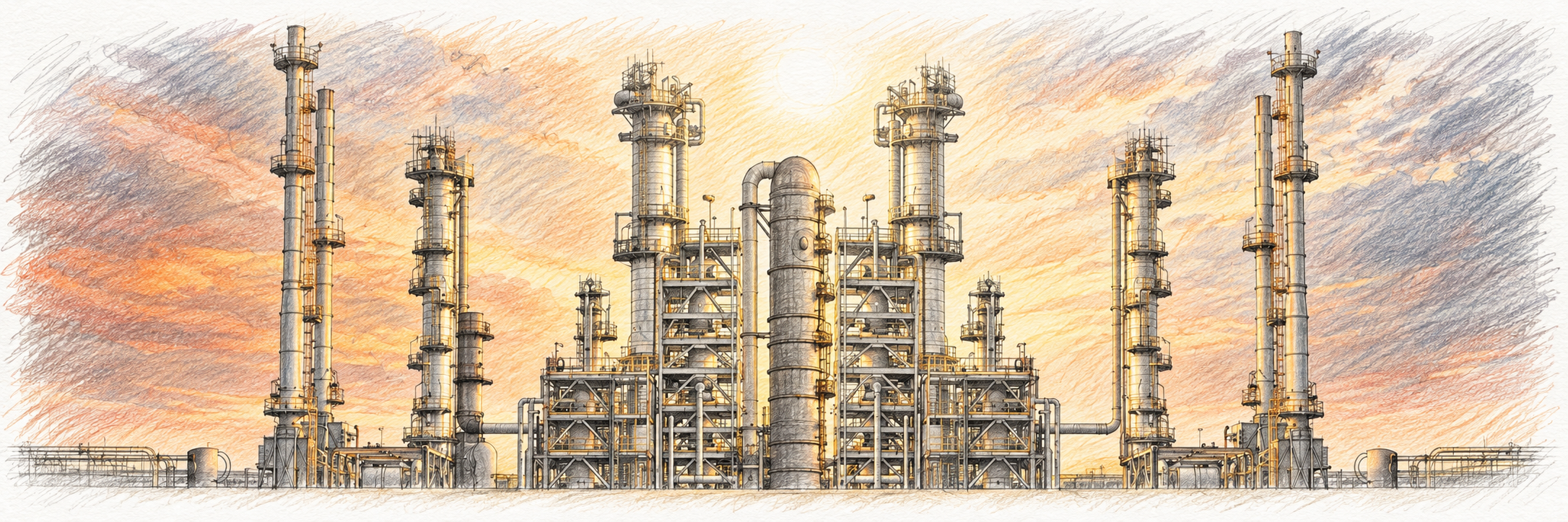Illustrative Sketch nach Unternehmensfoto: Industrieanlage im warmen Abendlicht – Bildmotiv der bestehenden RL-Website