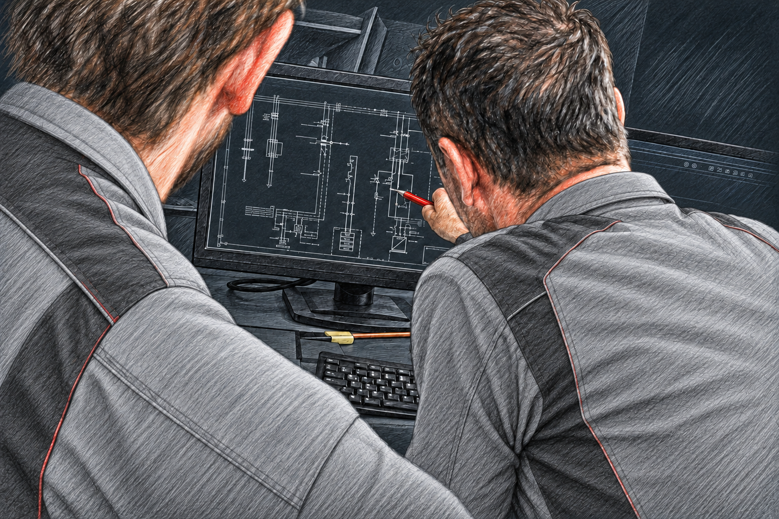 Illustrative Sketch nach Unternehmensfoto: Gemeinsame Prüfung eines Stromlaufplans am CAD-Arbeitsplatz