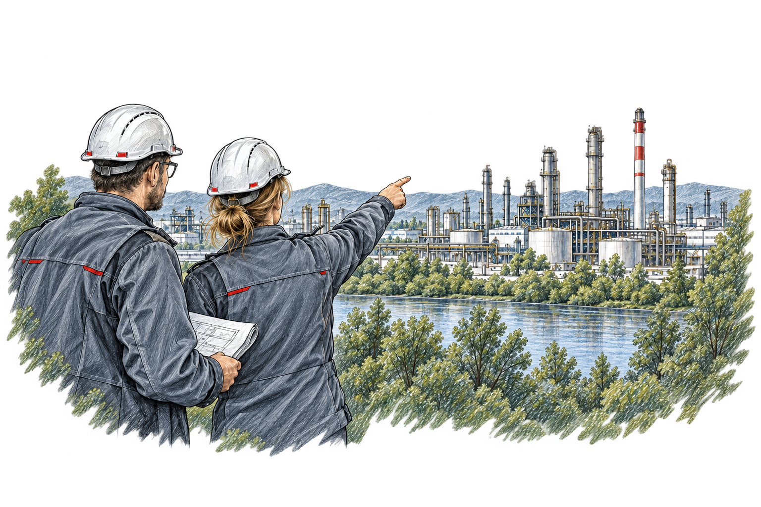 Illustrative Sketch-Vorschau: zwei Techniker mit Blick auf eine Industrielandschaft