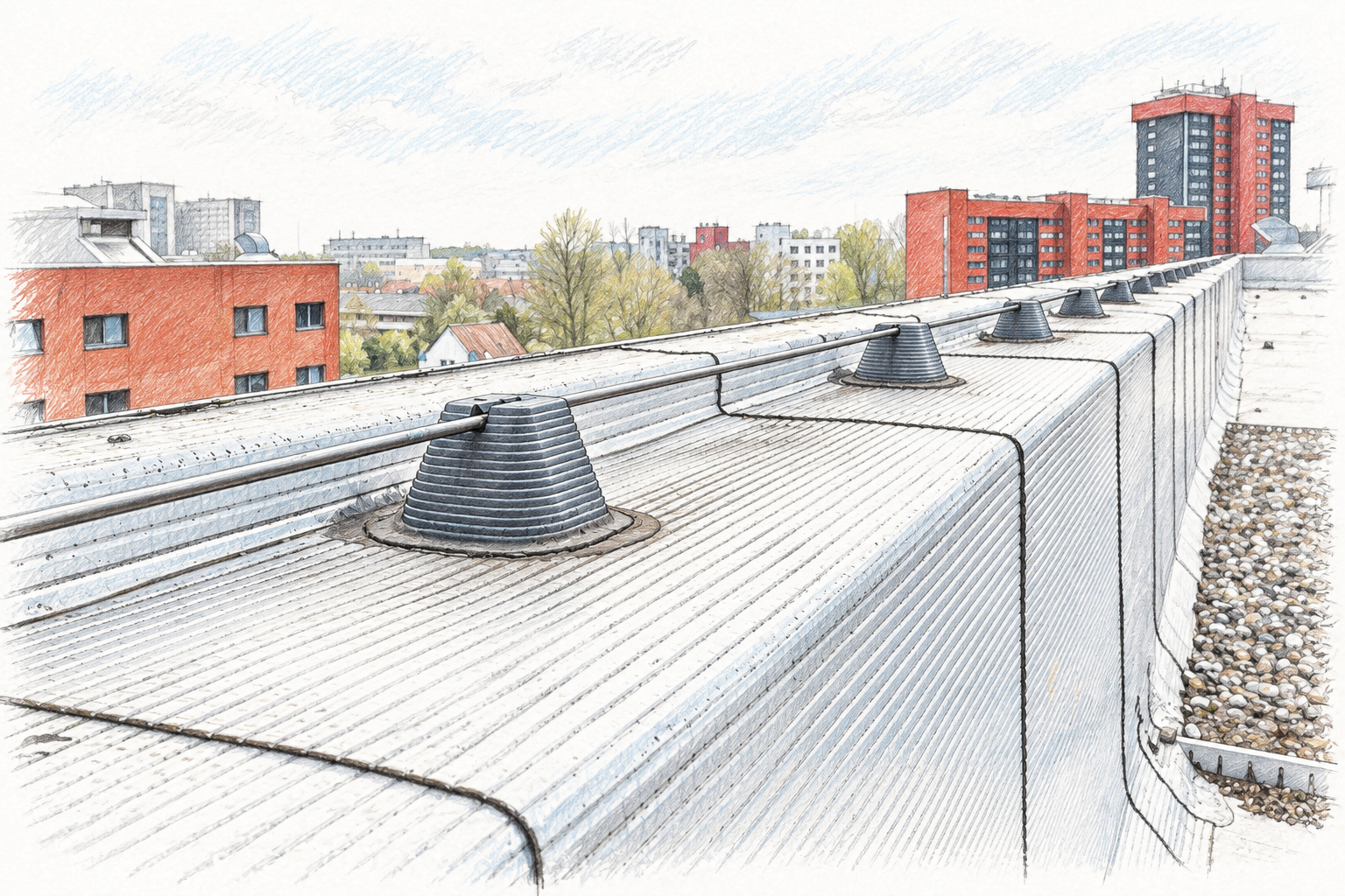 Illustrative Sketch nach Unternehmensfoto: Blitzschutzanlage auf einem Gebäudedach