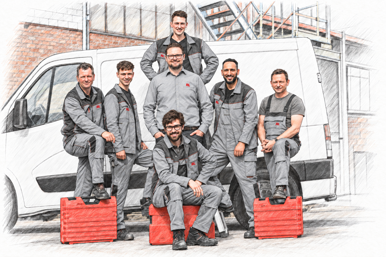 Illustrative Sketch nach Unternehmensfoto: RL-Team vor einem Firmenfahrzeug
