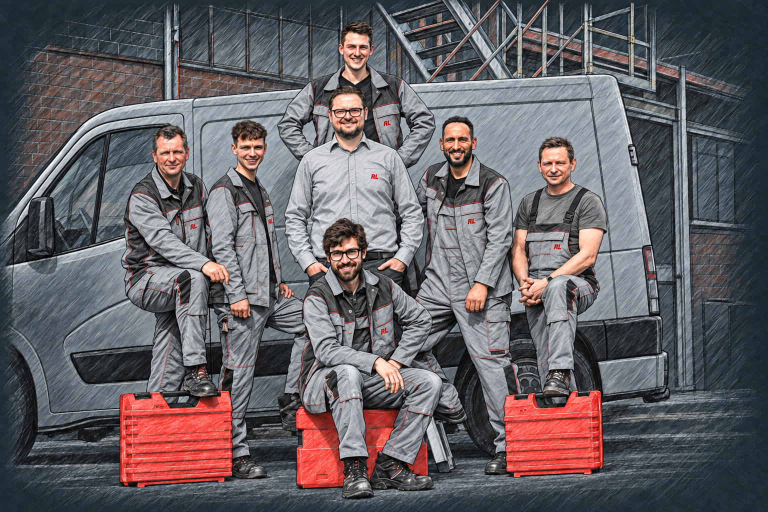 Illustrative Sketch nach Unternehmensfoto: RL-Team vor einem Firmenfahrzeug