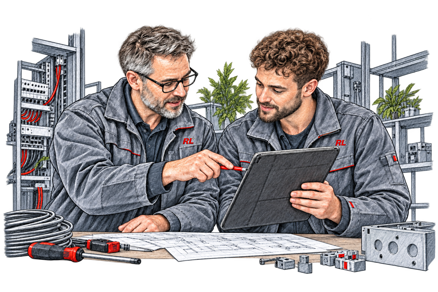 Illustrative Sketch-Vorschau: zwei Techniker prüfen gemeinsam ein Tablet