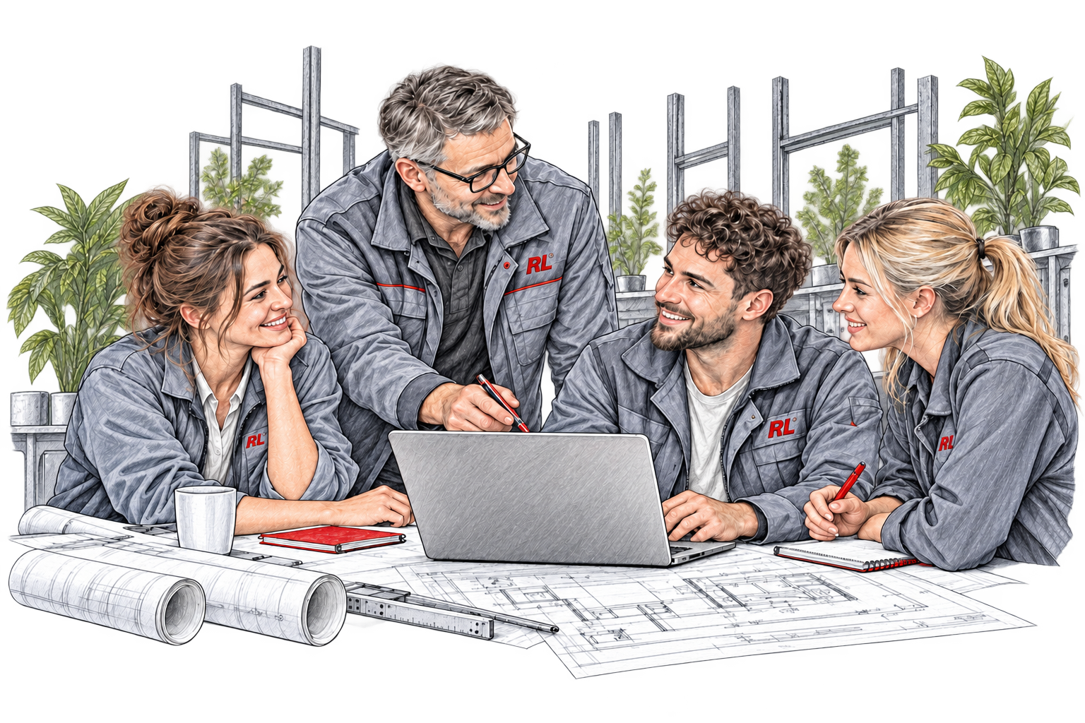 Illustrative Sketch-Vorschau: Zusammenarbeit im technischen Team