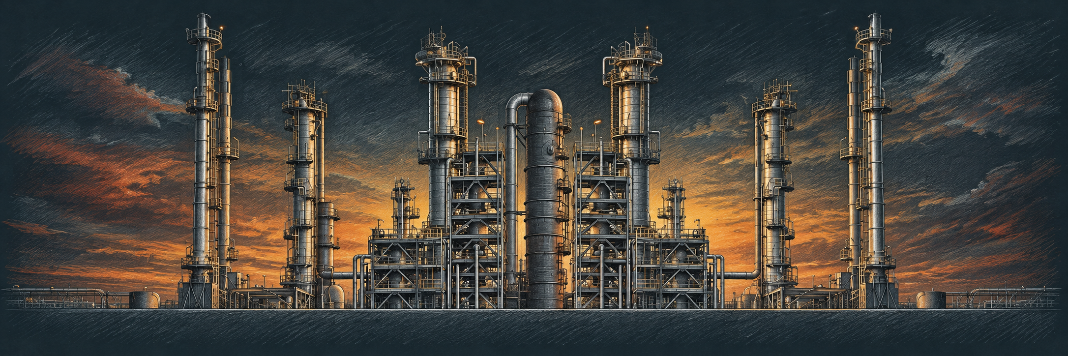 Illustrative Sketch nach Unternehmensfoto: Industrieanlage im warmen Abendlicht – Bildmotiv der bestehenden RL-Website