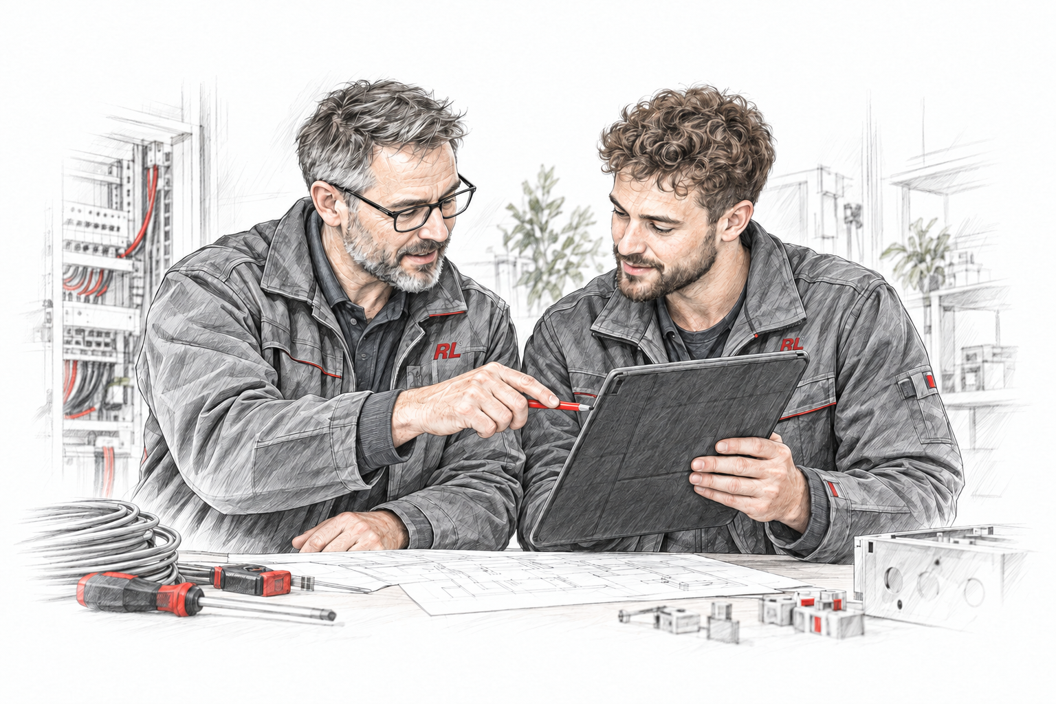 Illustrative Sketch-Vorschau: zwei Techniker prüfen gemeinsam ein Tablet