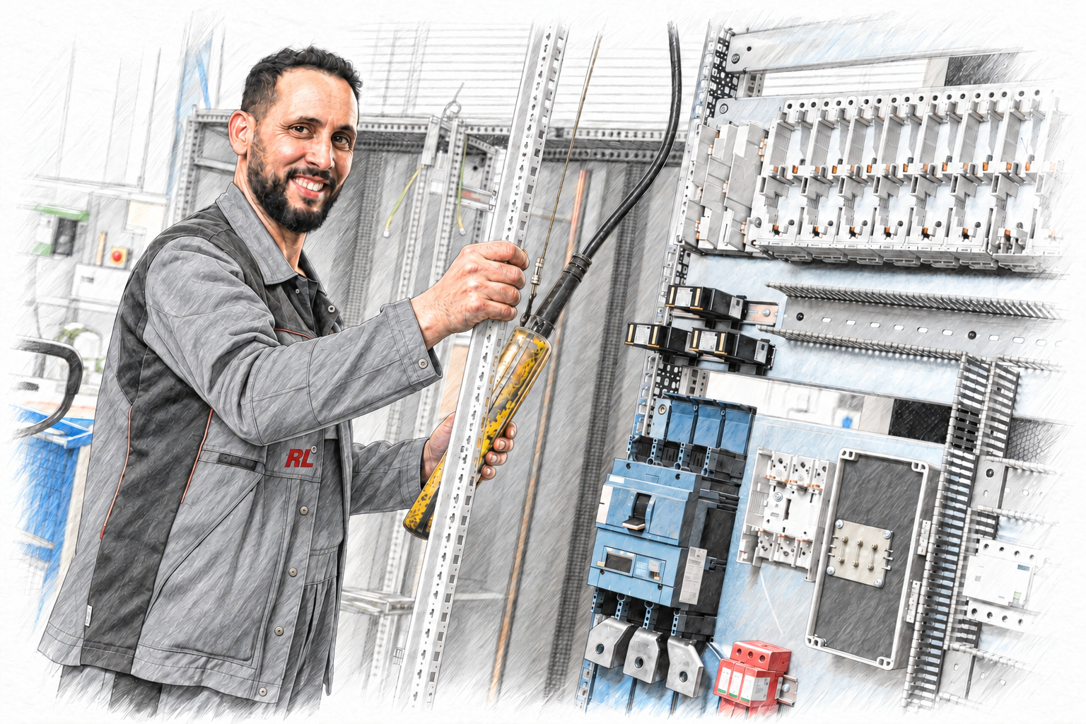 Illustrative Sketch nach Unternehmensfoto: Mitarbeiter im Schaltanlagenbau bei RL Elektrotechnik