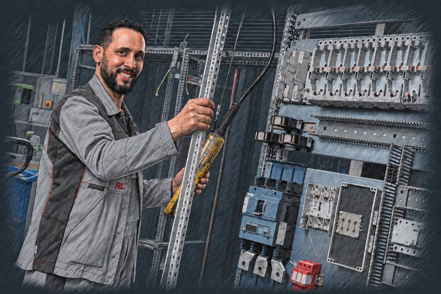Illustrative Sketch nach Unternehmensfoto: Mitarbeiter im Schaltanlagenbau bei RL Elektrotechnik
