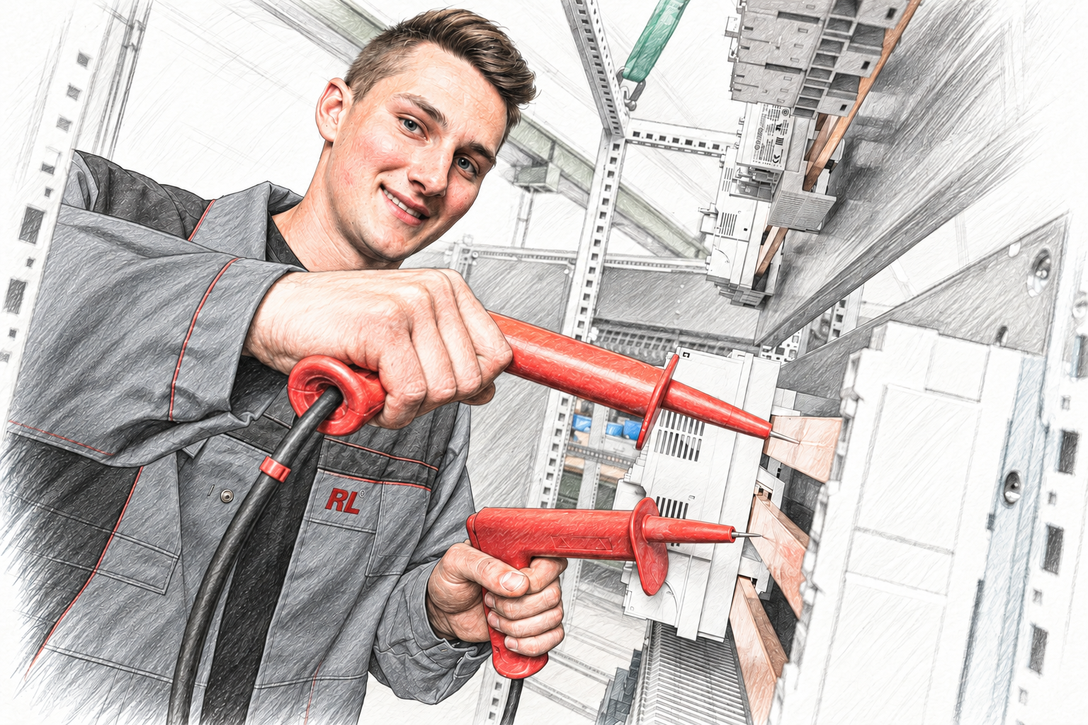 Illustrative Sketch nach Unternehmensfoto: Mitarbeiter bei der elektrotechnischen Prüfung im Schaltschrank