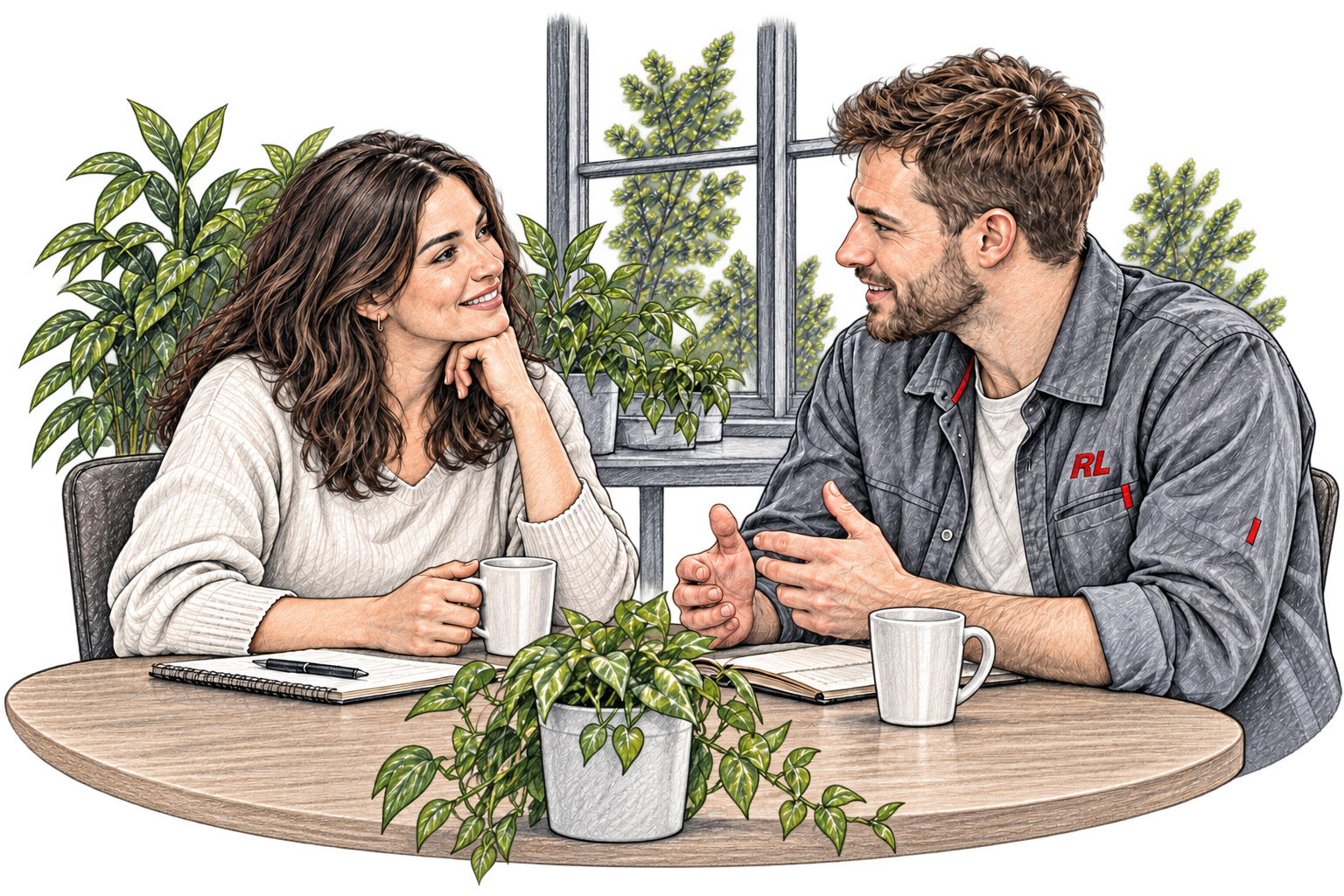 Illustrative Sketch-Vorschau: zwei Teammitglieder im aufmerksamen Gespräch