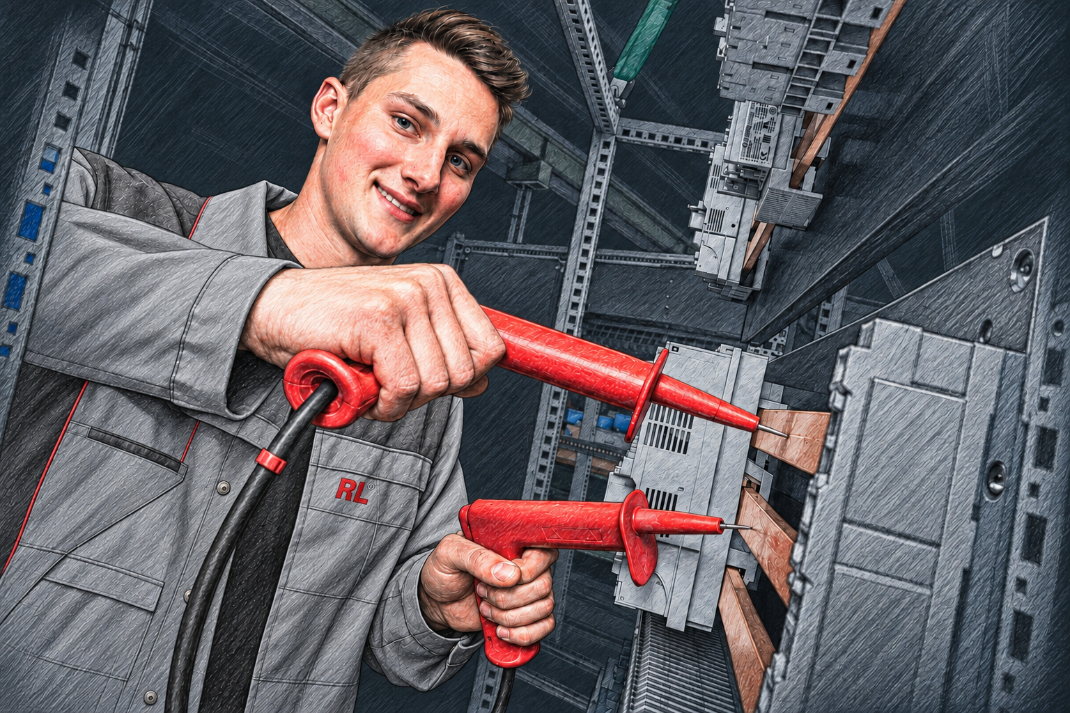 Illustrative Sketch nach Unternehmensfoto: Mitarbeiter bei der elektrotechnischen Prüfung im Schaltschrank