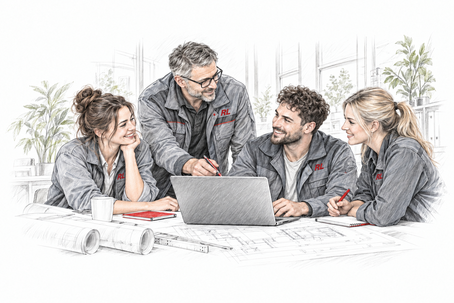 Illustrative Sketch-Vorschau: Zusammenarbeit im technischen Team