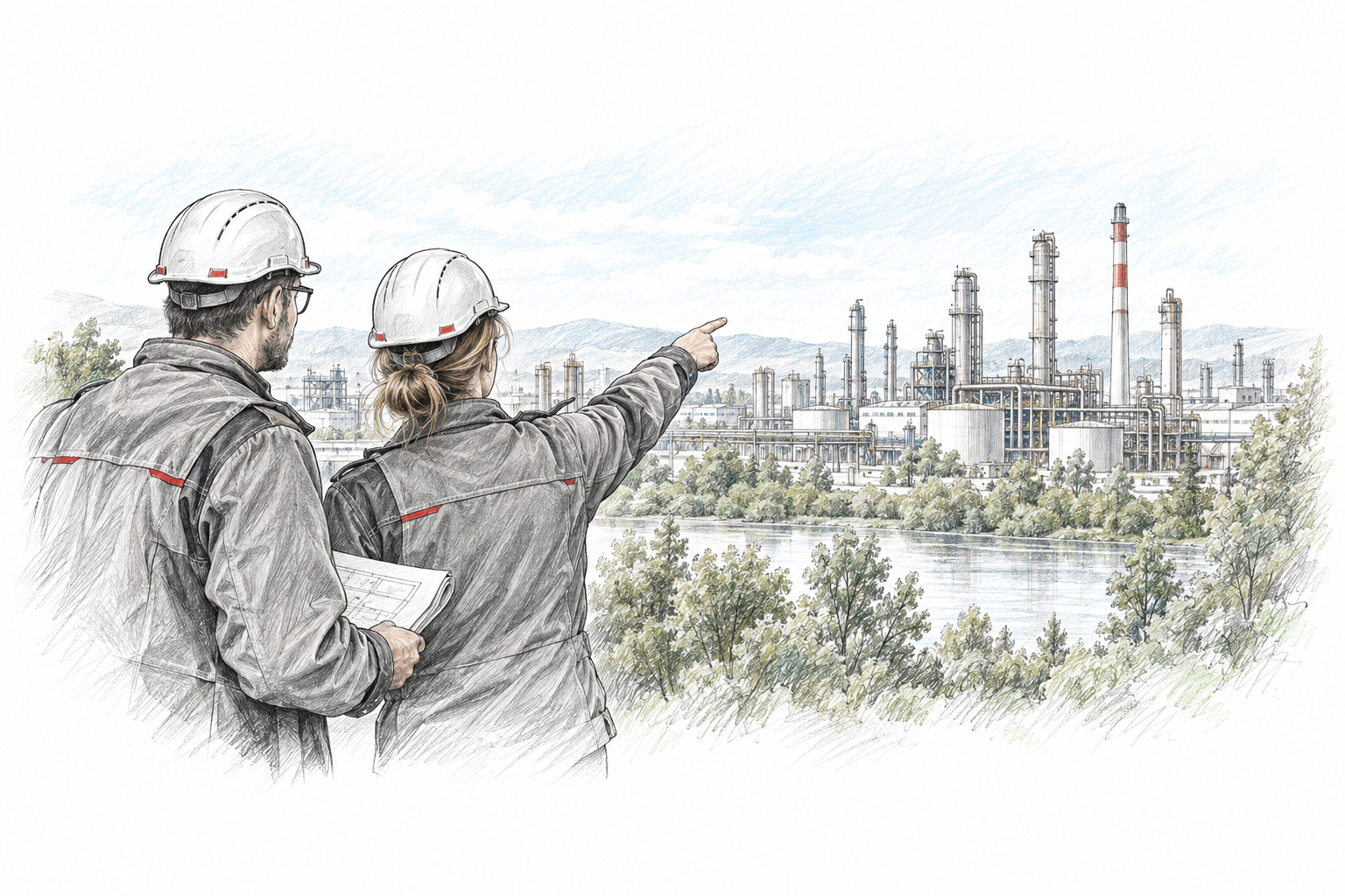 Illustrative Sketch-Vorschau: zwei Techniker mit Blick auf eine Industrielandschaft