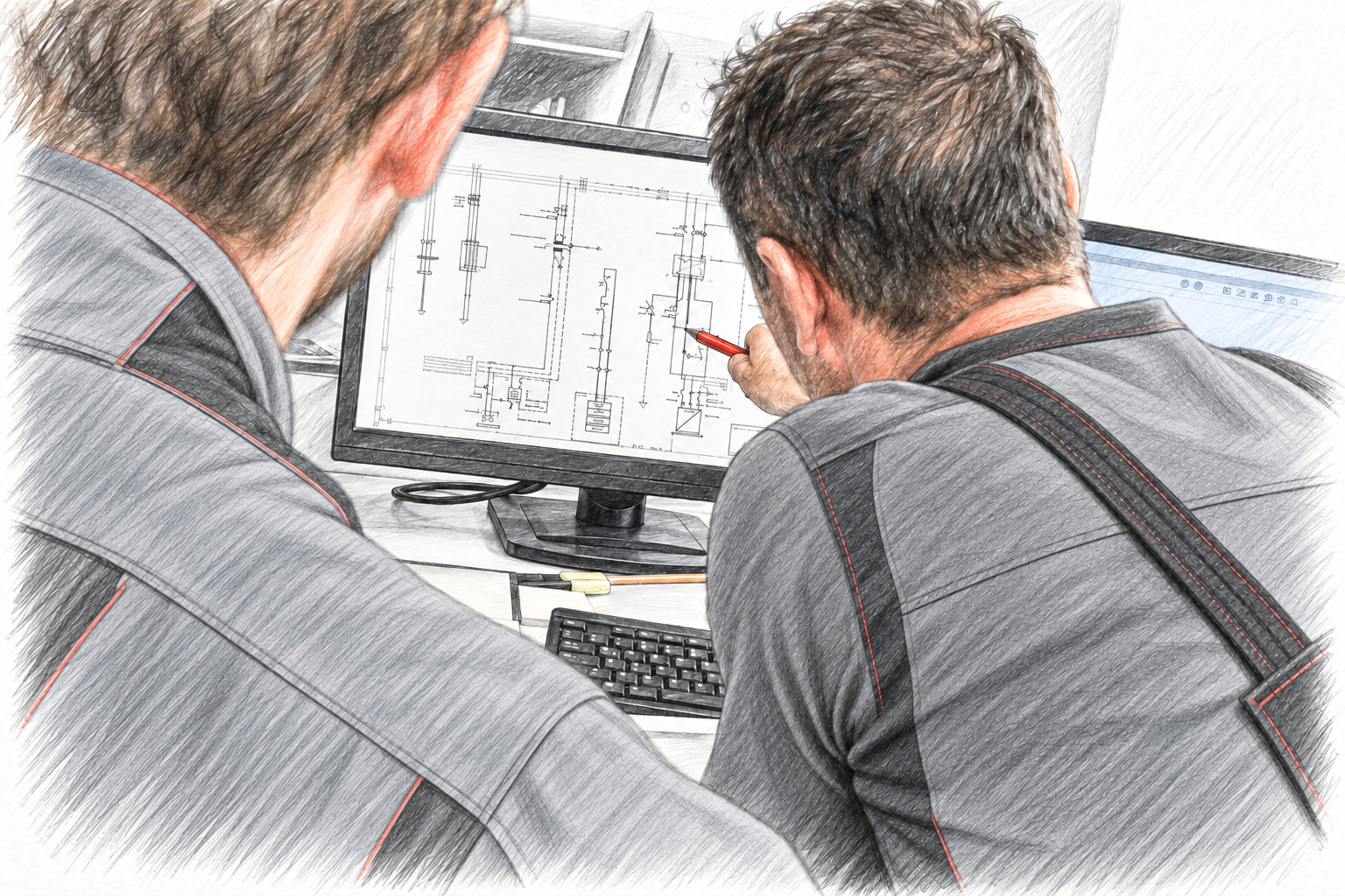 Illustrative Sketch nach Unternehmensfoto: Gemeinsame Prüfung eines Stromlaufplans am CAD-Arbeitsplatz