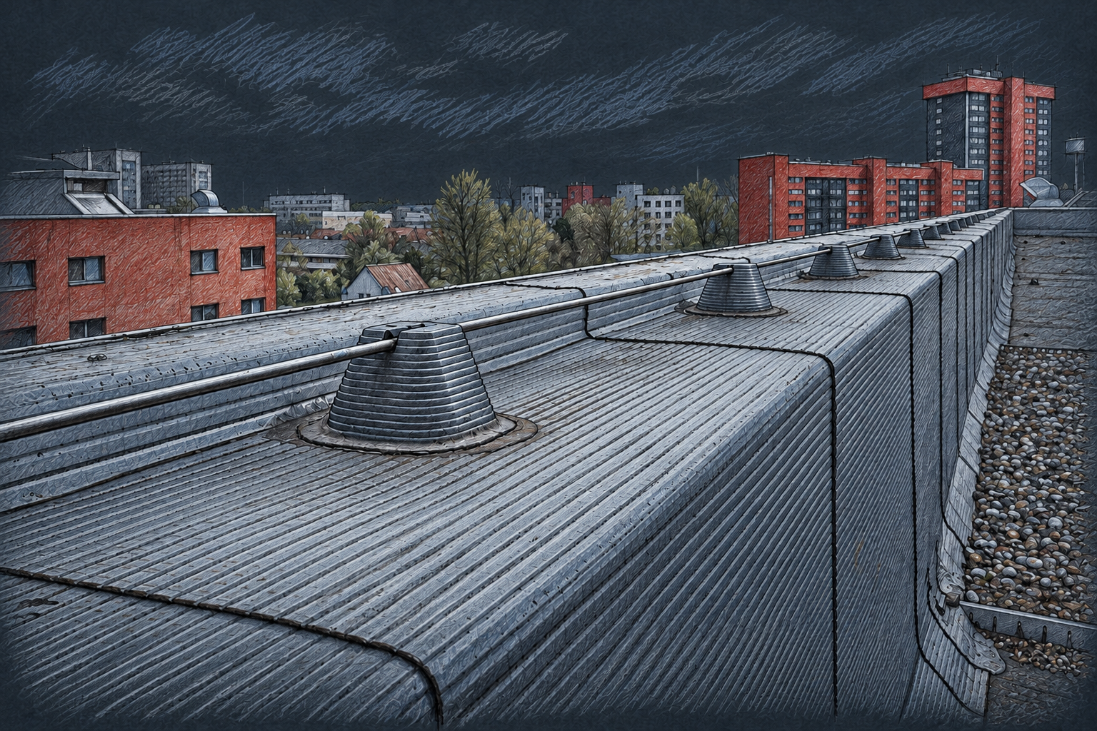 Illustrative Sketch nach Unternehmensfoto: Blitzschutzanlage auf einem Gebäudedach