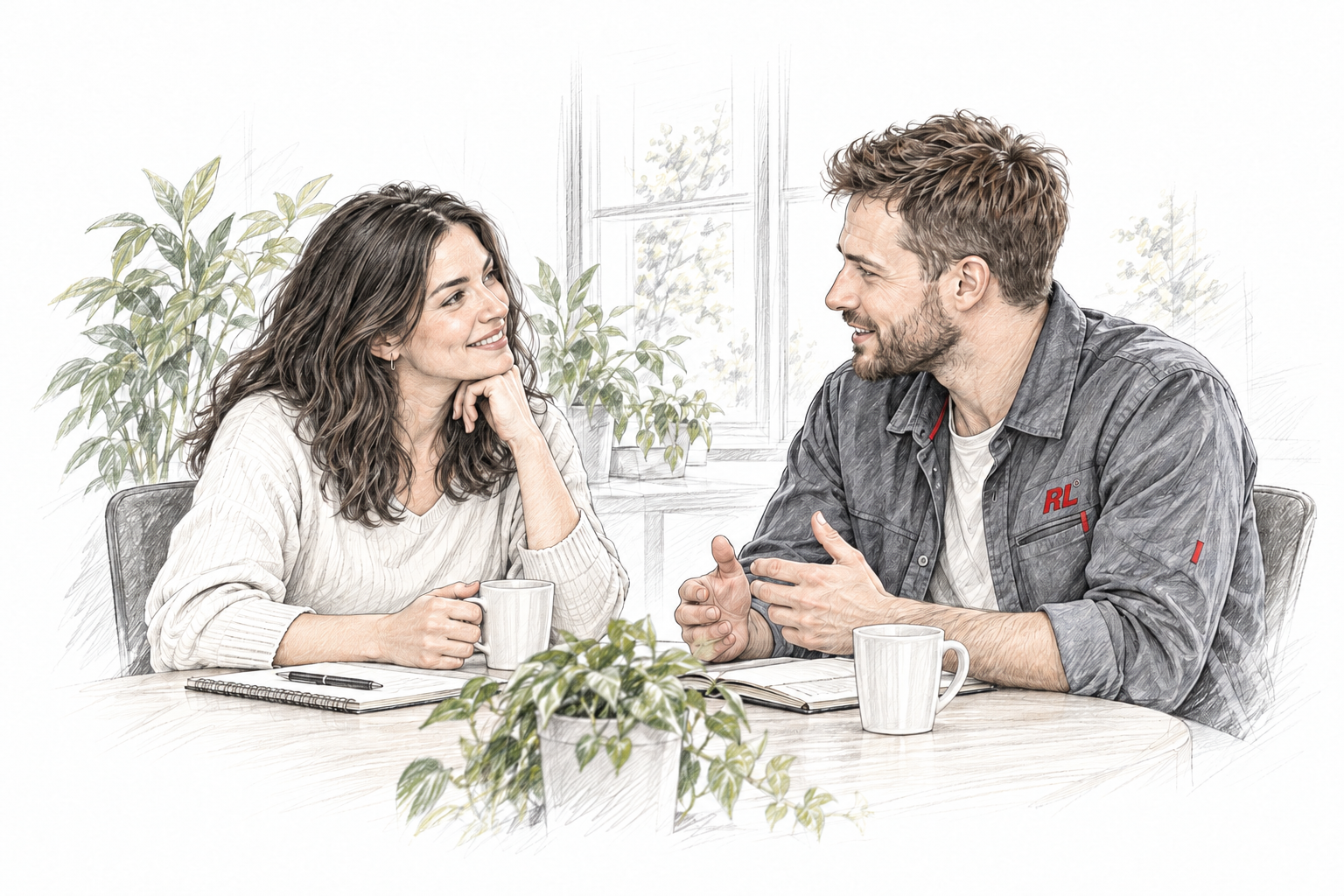 Illustrative Sketch-Vorschau: zwei Teammitglieder im aufmerksamen Gespräch